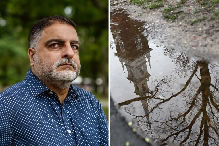 A split composite image of Hussein Rashid, left, and the peak of the Harvard University chapel reflected in a puddle on the ground