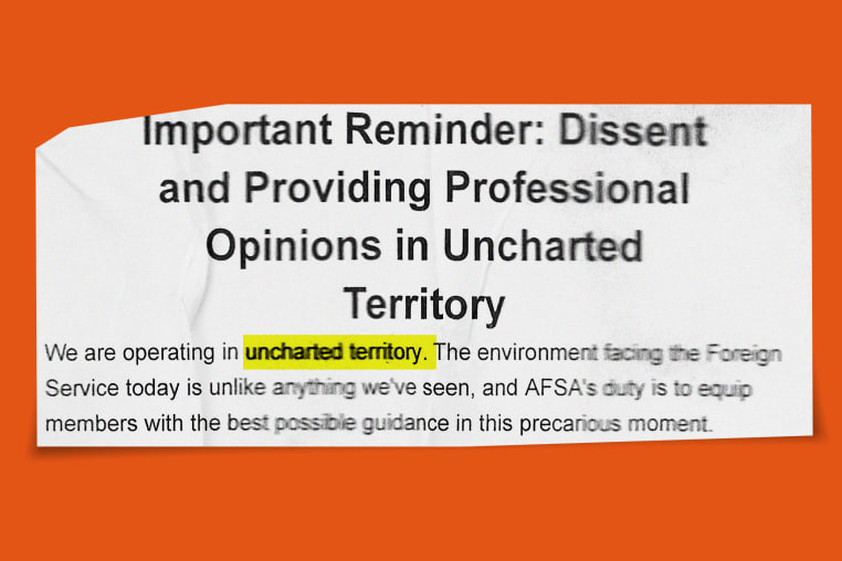 Email text about "dissent and providing professional opinions" in "uncharted territory" sent to the Foreign Service. 