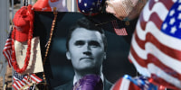 A photo of Charlie Kirk at a memorial.