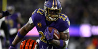Nov 27, 2025; Baltimore, Maryland, USA; Baltimore Ravens running back Derrick Henry (22) rushes the ball against the Cincinnati Bengals during the first half at M&amp;T Bank Stadium. Mandatory Credit: Tommy Gilligan-Imagn Images